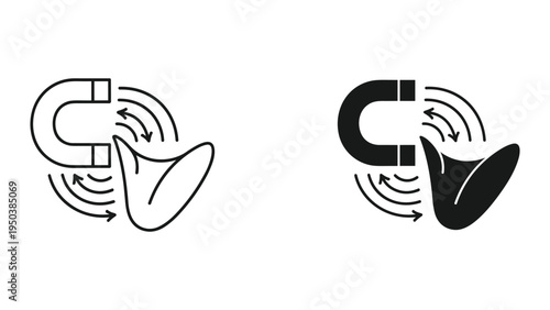 Magnet Attracting a Leaf Icon Symbol Vector - Line Art and Silhouette