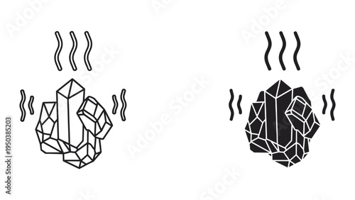 Crystals Heating Up Icon: Line Art and Solid Black Variations