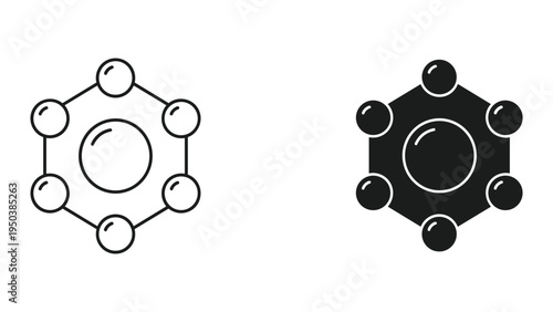 Hexagonal molecular structure icon and symbol with central atom and surrounding elements
