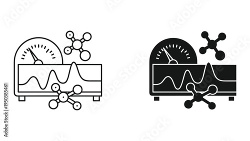 Science experiment icon: meter, graph, and molecular structure. Line art and silhouette.