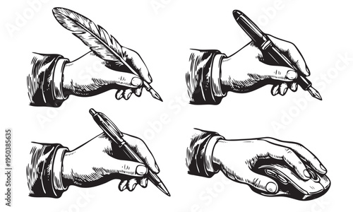 Hands in engraving style holding pen, ballpoint pen, fountain pen and computer mouse
