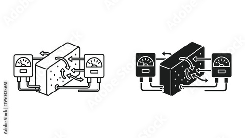 Airflow meter and ventilation system icon, showing air intake and output with gauges and directional arrows.