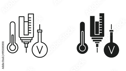 Laboratory Equipment Icons: Thermometer, Beaker, Flask with Volume - Line and Solid Art