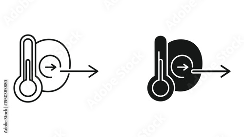 Thermometer and Circular Arrow Icon Set, Temperature Regulation Symbol, Line Art and Solid Fill