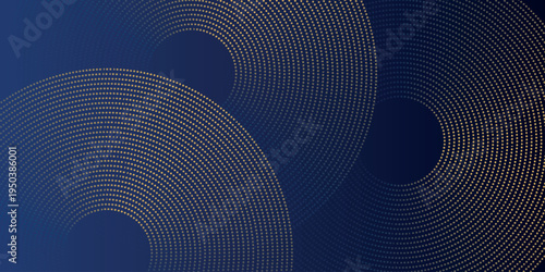 Dark blue gradient background with elegant dotted circle line decoration. Luxurious golden curved line design. Minimalist concept for cover, banner, brochure, presentation, and certificate.