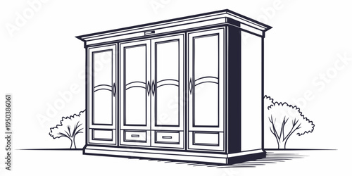 An elegant, vintage wooden cabinet with four glass doors and intricate detailing.