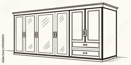A large wooden cabinet with multiple doors and drawers for storage.