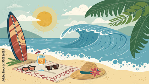 Beach scene with surfboard sunglasses hat and cocktail on a towel sunny day with palm tree and wave