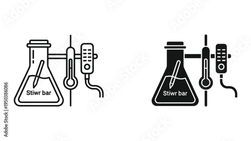 Chemistry Lab Equipment: Flask, Stir Bar, Thermometer, and Stirrer Icon Set