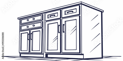 A sketch of a kitchen cabinet with three doors and two drawers on top.
