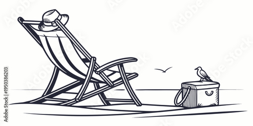 A relaxed beach chair with a hat and a bird nearby, enjoying the sun.