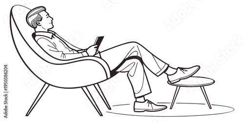 A man relaxing in a recliner chair with a footstool and a tablet.