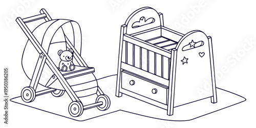 A vintage baby crib and stroller set displayed in a simple room setting.