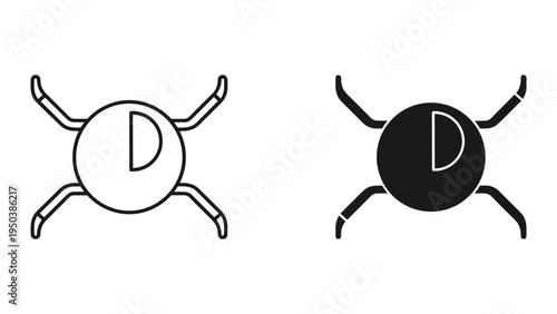 Set of icons: round object with letter D and four legs, in outline and solid black