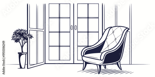 A cozy armchair by the window with a potted plant nearby