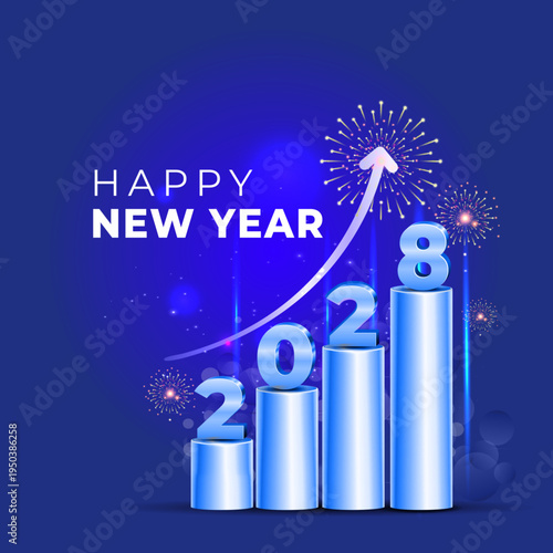 New year 2028 data growth presentation concept, 3D Vector illustration with forwarding arrow, graph, and fireworks sky.