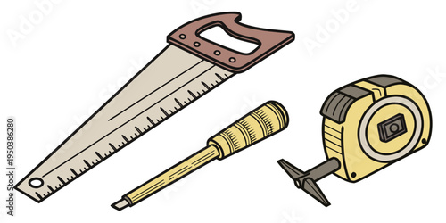 A variety of measuring tools including a ruler, tape measure, and spirit level