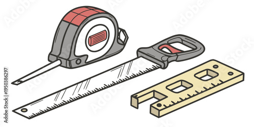 A variety of measuring tools including a tape measure, a folding ruler, and a level.