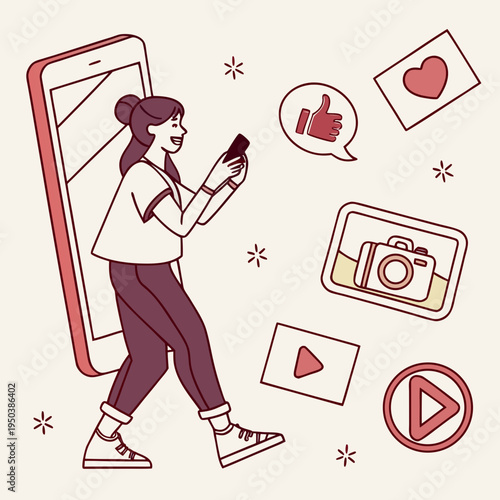 Creative content creation: woman using smartphone with camera, play buttons, and social media icons, play button, content marketing