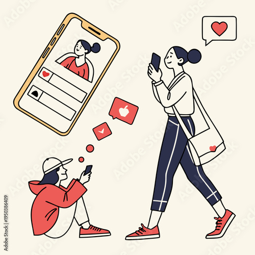 Social media interaction: people using phones with likes, hearts, and profile displays, an illustration depicting people engaging with social media on their smartphones