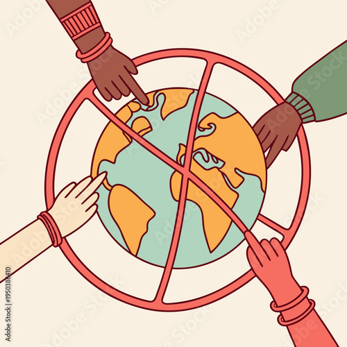 Global unity and diversity hands: diverse hands touching a globe within a prohibition sign with social issues with human rights with unity event