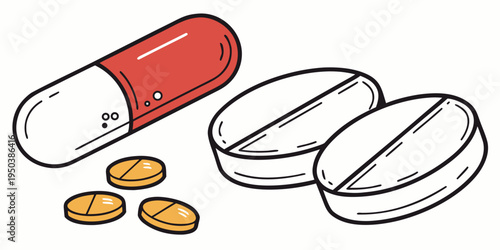 Assorted pills and capsules in a pill bottle and on a surface