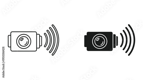 Security Camera Icon: Line Art and Silhouette with Signal Waves