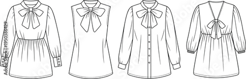 Women's blouse fashion vector set with bow tie collar, long sleeve and sleeveless tunic styles, front and back technical line drawing template for apparel design