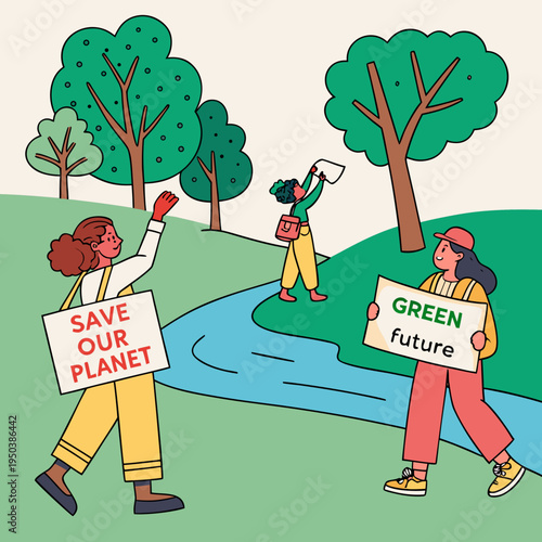 Environmental activism: people holding 'save our planet' and 'green future' signs in a park with climate change with social movement with protect nature