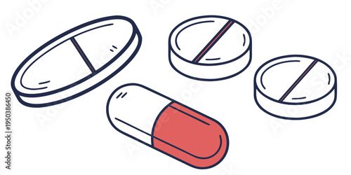 Assorted pills and capsules displayed on a white background