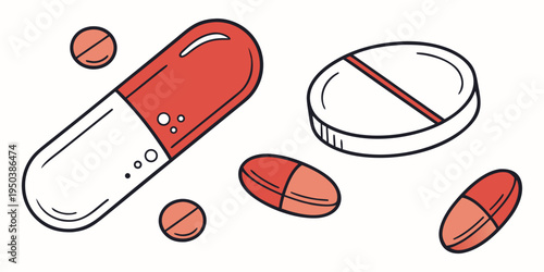 Assorted pills and capsules scattered on a white background.