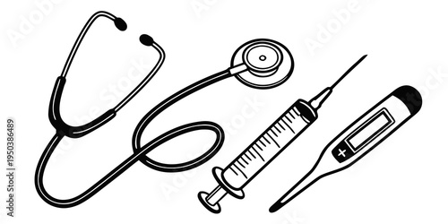 Medical tools including a stethoscope, syringe, and thermometer