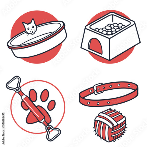 Set of icons for cat care: litter box, food bowl, collar, and toy, line art, pet supplies, animal welfare, pet store, graphic resource