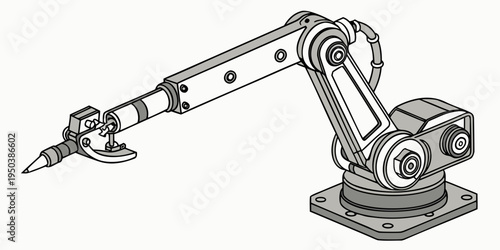 Industrial robotic arm with a gripper and a drill attachment on a circular base