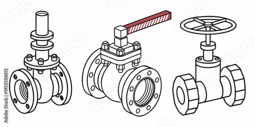 Three different types of ball valves used in industrial piping systems.