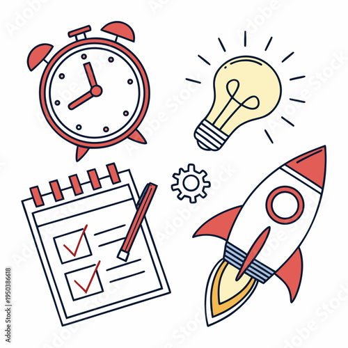 Startup innovation and project launch vector icon set with alarm clock, lightbulb, checklist, and rocket symbols, business idea, planning checklist, time deadline