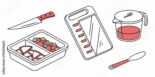 A variety of kitchen utensils and ingredients for cooking and baking