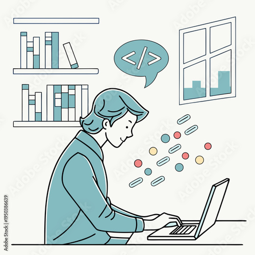 Software developer coding on laptop illustration with bookshelves and programming symbols, representing focus and innovation, software development, web development