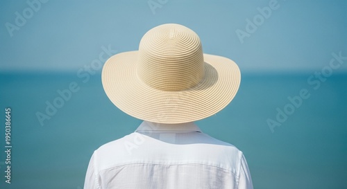 Anonymous back view of a person in a white linen shirt and wide straw hat looking forward into space