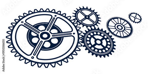 Intricate mechanical gears in a complex arrangement with varying sizes and orientations.