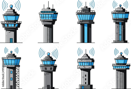 Vector illustration of air traffic control towers with antennas and signal waves for aviation and airport communication artwork
