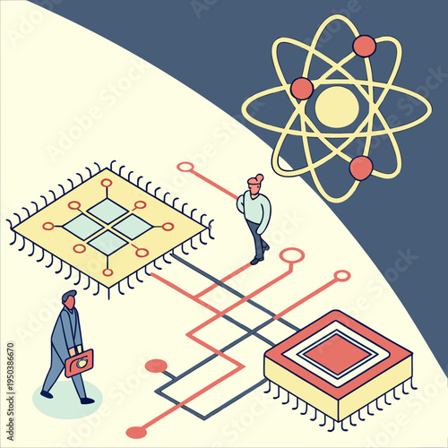 Quantum computing and advanced technology illustration with people, microchips, and atomic structure for scientific innovation, microchip technology, circuit board