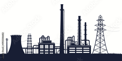 Silhouette of industrial buildings and power lines against a dark sky