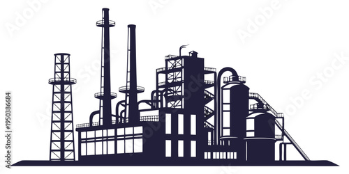 A detailed illustration of an industrial factory complex with multiple buildings and towers