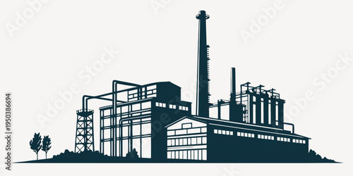 Silhouette of industrial buildings with a tall smokestack and a tree in the foreground
