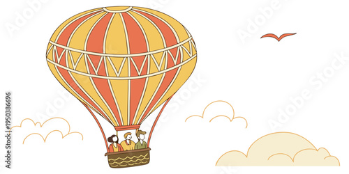 A hot air balloon floating over a landscape with a bird flying nearby