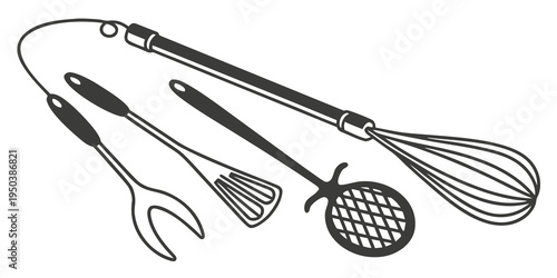 A variety of kitchen utensils including a whisk, tongs, and a spatula