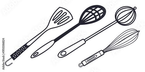 Assorted kitchen utensils displayed in a row for cooking and baking