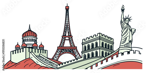 Iconic landmarks of paris, london, and new york city illustrated in a whimsical style.