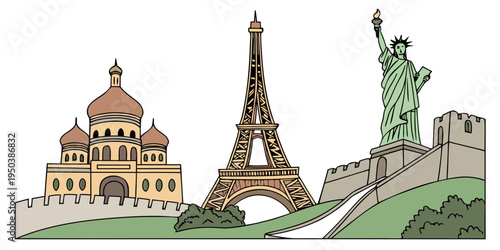 Iconic landmarks from around the world illustrated in a whimsical style